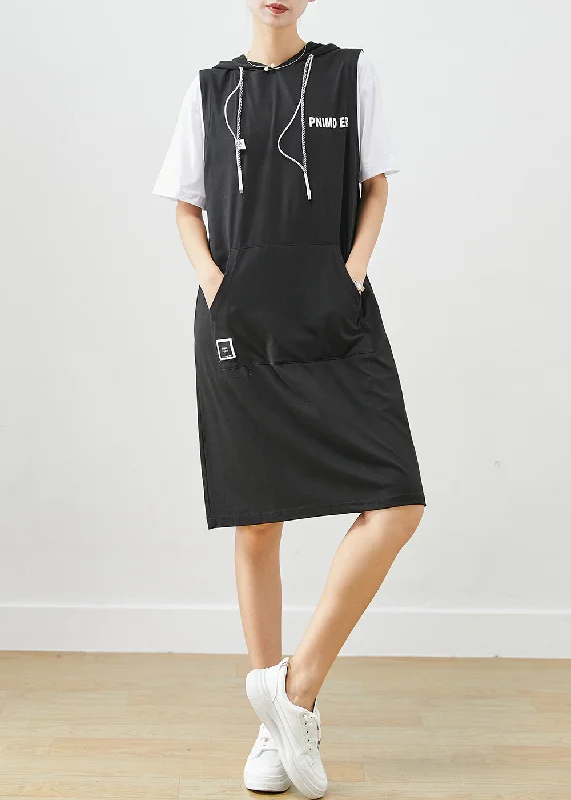 Style Black Hooded Patchwork Pockets Cotton Sweatshirt Dress Summer Fresh Styles, Fresh Deals