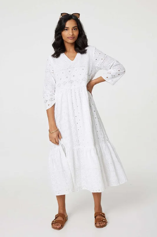 Broderie Anglaise 3/4 Sleeve Midi Dress Update With Cottagecore Styles