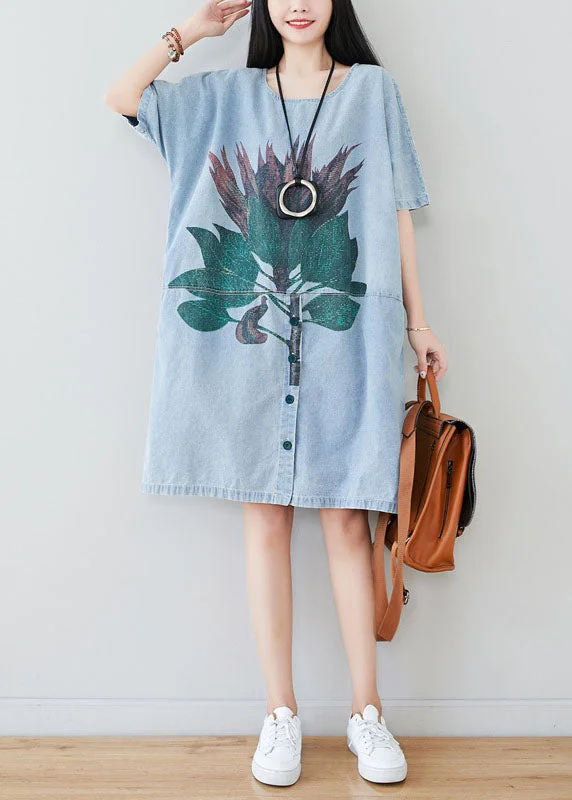 Beautiful Light Blue Oversized Patchwork Print Cotton Denim Dress Summer Premium Style