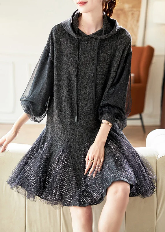 Stylish Dark Grey Hooded Tulle Patchwork Knit Dresses Spring Snag Fabulous Fashion Bargains