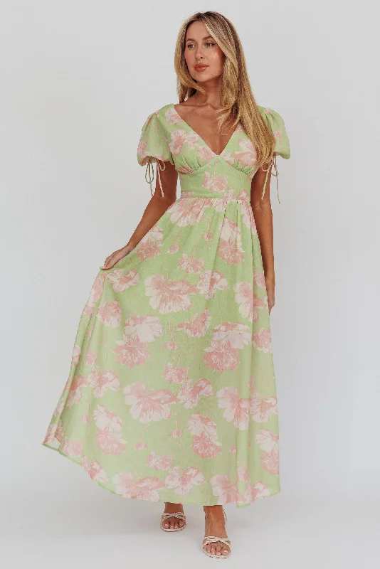 Loveberry Puff Sleeve A-Line Maxi Dress Green Pastel Styles