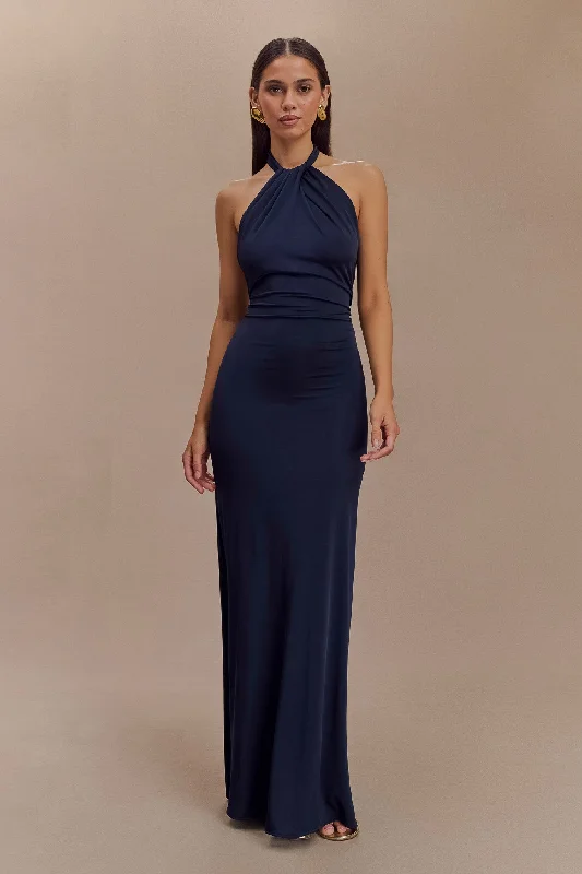 Elyna Slinky Halter Maxi Dress - Navy Casual Chic