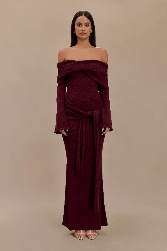 Cameron Off Shoulder Tie Maxi Dress - Merlot Elegant Style