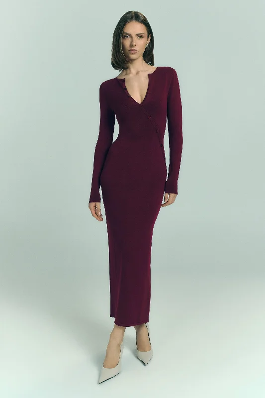 Maria Long Sleeve Buttoned Knit Maxi Dress - Plum Seize Bargains