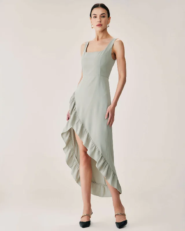 Green Ruffle Slit Slip Maxi Dress Fashion Forward Femininity