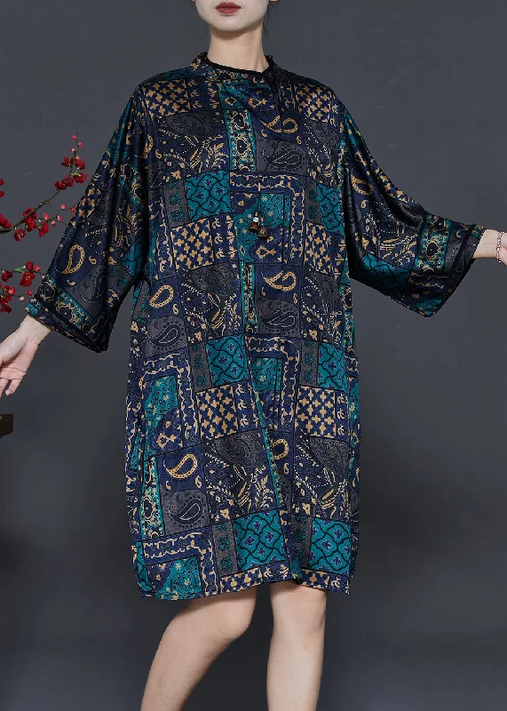 Boho Black Stand Collar Print Silk Work Dress Fall Holiday Glam