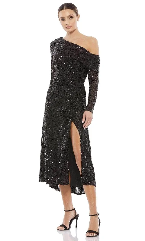 Ieena Duggal - 26551I Draped Long Sleeve Sequined Dress Flowing Silhouette