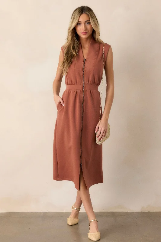 Distant Sun Terracotta Sleeveless Midi Dress Casual Chic