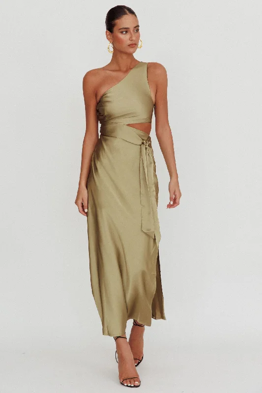 Abloom One Shoulder Satin Maxi Dress Khaki Limited Styles