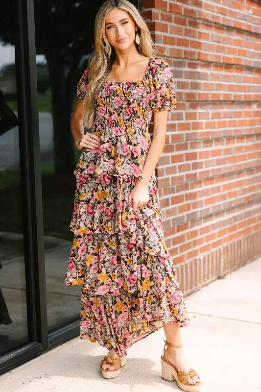 Fab Days Ahead Brown Floral Maxi Dress Parisian Effortless Chic Style