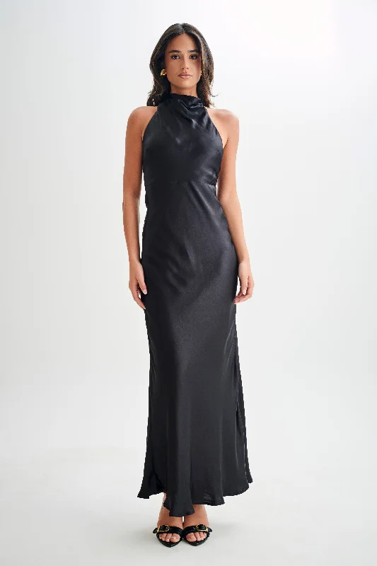 Esther Iridescent Satin Cowl Maxi Dress - Black Daily Essentials