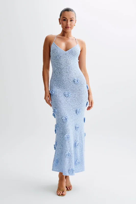 Suki Knit Maxi Dress With Flowers - Light Blue Stylish Savings