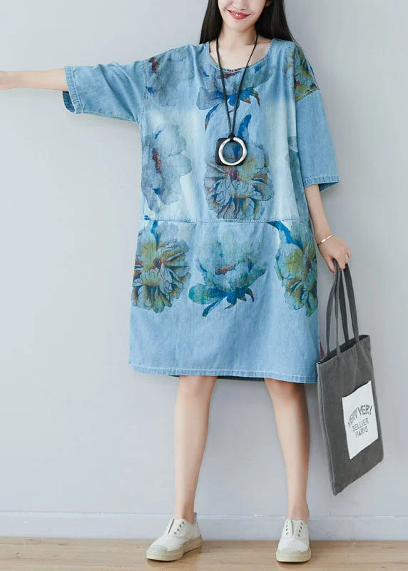 Modern Blue O Neck Print Cotton Dresses Summer Vibrant Femme Fashion