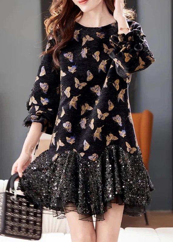 New Black Butterfly Sequins Tulle Patchwork Mid Dress Butterfly Sleeve Stylish Basics