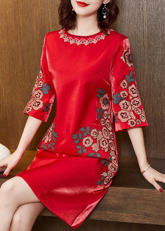 Beautiful Red O-Neck Print Silk Mid Dress Half Sleeve Classic Timeless Elegant Style