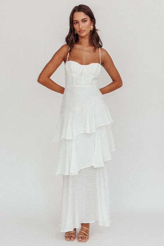 Madrid Tiered Ruffle Maxi Dress White Limited Stock