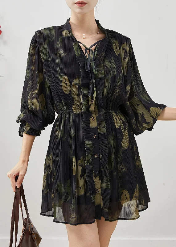 Unique Blackish Green Print Wrinkled Chiffon Day Dress Spring Vintage Retro Party Wear