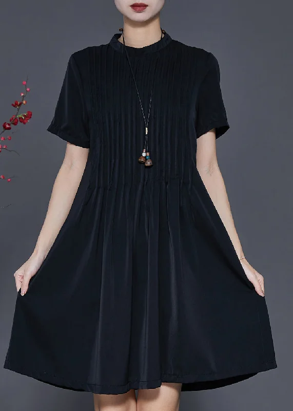 Elegant Black Stand Collar Wrinkled Cotton Dress Summer Elegant Contour