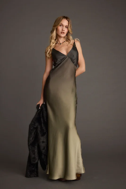 Mirabella Olive Satin Ombre Maxi Dress Weekend Special