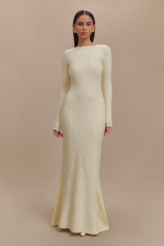 Emily Long Sleeve Knit Maxi Dress - Ivory Marle Graceful Movement