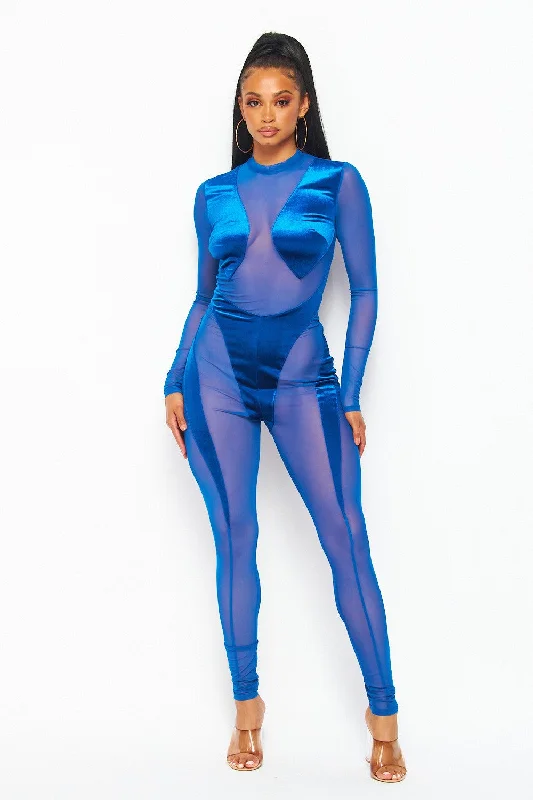 Ataya Sheer Mesh and Velvet Long Sleeve Jumpsuit Hot Deals