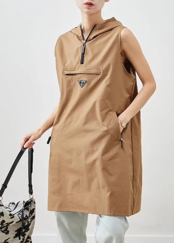 Unique Khaki Hooded Cotton Mini Dresses Sleeveless Save On Inspired Styles