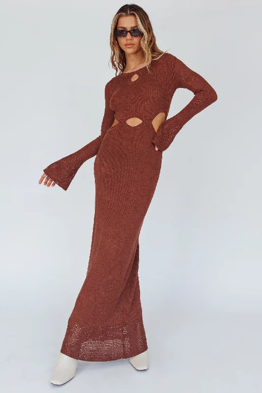 Long Sleeve Cut-Out Knit Maxi Dress Coffee Shop Sales