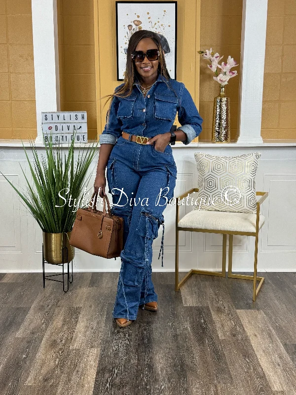 Zena L/S Cargo Denim Jumpsuit up to 3XL (Medium Wash) Evening Elegance