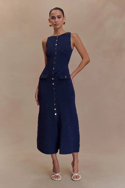 Sawyer Sleeveless Buttoned Maxi Dress - Navy Romantic Detailing