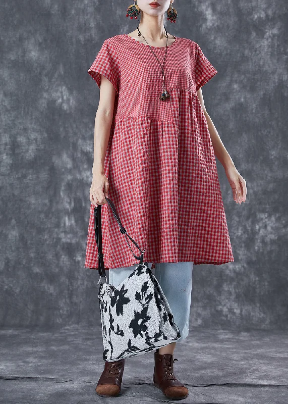 DIY Red Oversized Patchwork Plaid Linen Dresses Summer Fashion Deal