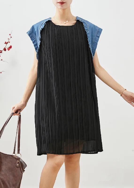 Simple Black Oversized Patchwork Pleated Dresses Summer Feminine Allure