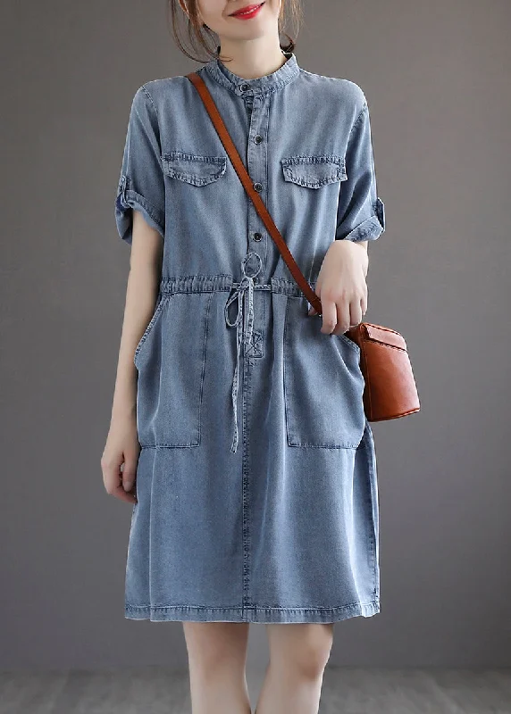 French Blue Pockets Tie Waist Denim Dresses Summer Disco - Inspired Retro Dance Look