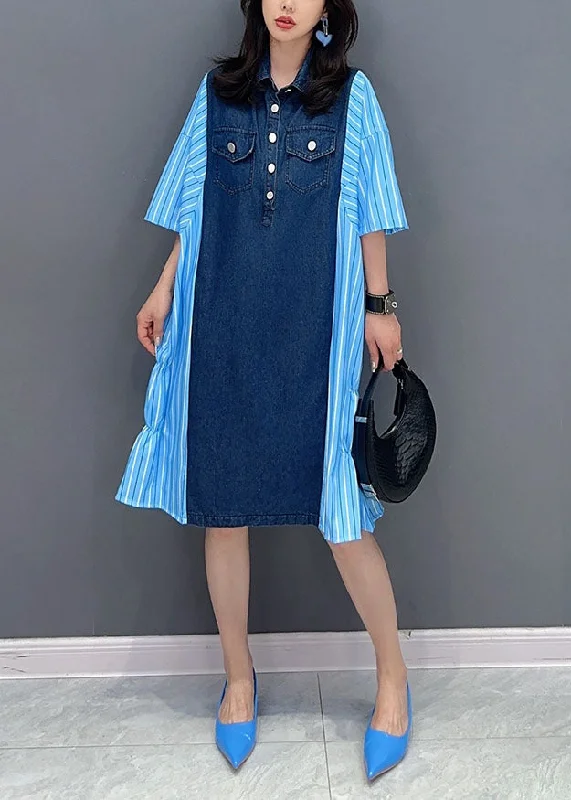 Italian Blue Striped Denim Patchwork Cotton Shirts Dresses Summer Wardrobe Update