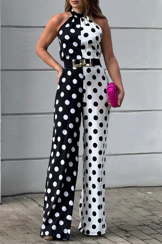 Sexy Print Polka Dot Pocket Contrast Halter Loose Jumpsuits Stylish Looks