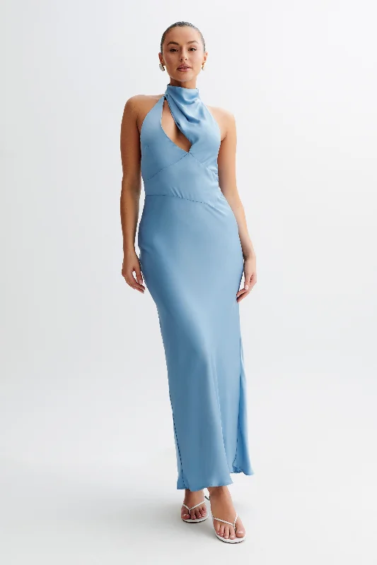 Belladonna Satin Halter Maxi Dress - Iris Blue Stylish Spring Fashion