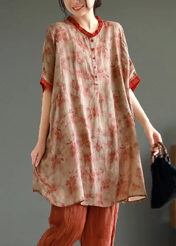 Elegant Red Ruffled Print Patchwork Linen Mid Dress Summer Comfortable Clothes