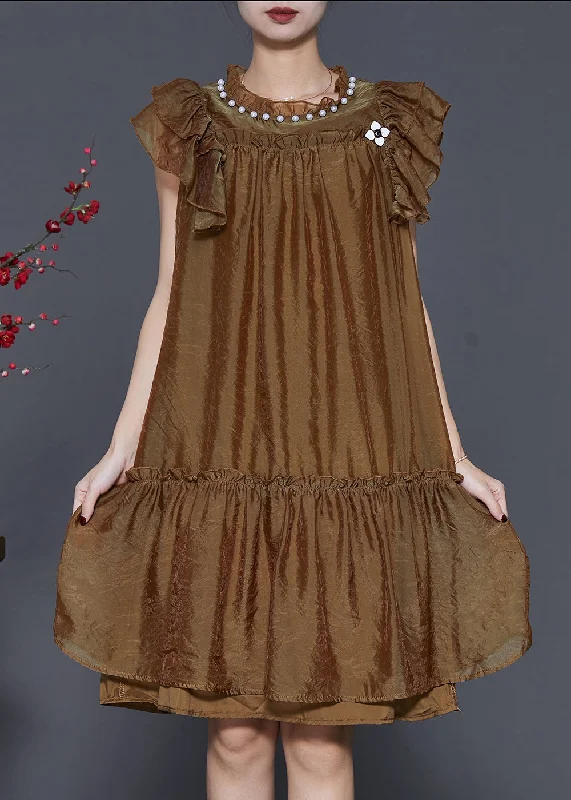 Stylish Brown Nail Bead Ruffled Silk Vacation Dress Summer Casual Yet Stylish Separates