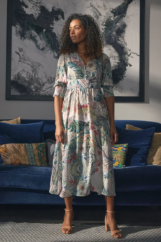 Leaf Print 3/4 Puff Sleeve Midi Dress Score Big On Glamorous Red - Carpet Styles