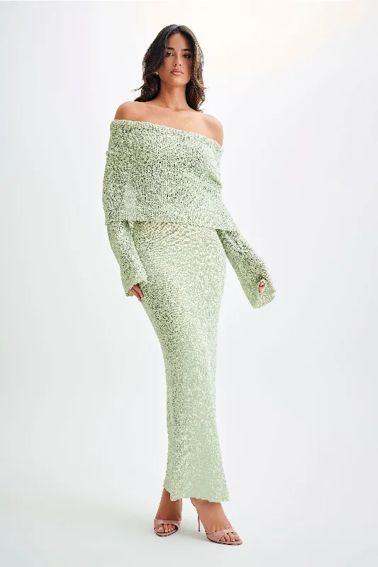 Marisol Off Shoulder Boucle Maxi Dress - Pastel Green Feminine Flow