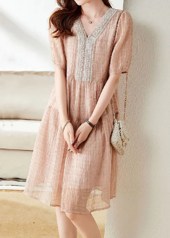 Fine Pink V Neck Wrinkled Nail Bead Patchwork Chiffon Mid Dress Summer Anniversary Sale