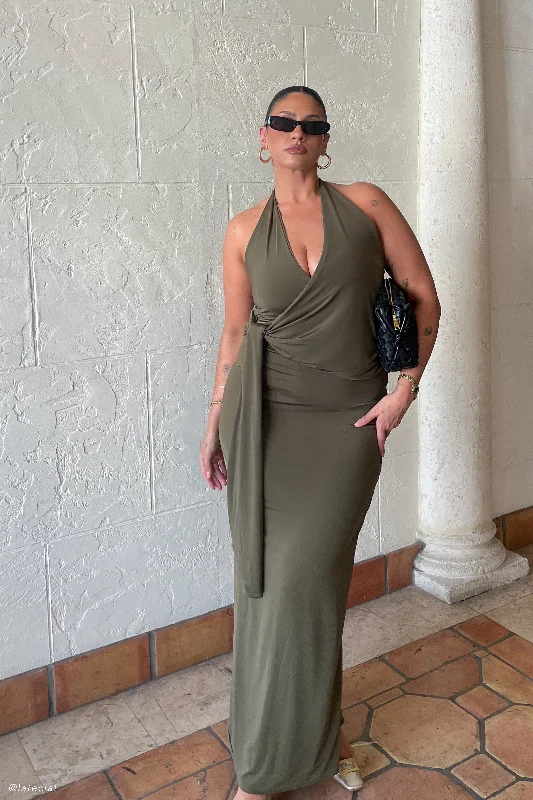 Tyla Draped Slinky Halter Maxi Dress - Dark Olive Wardrobe Update