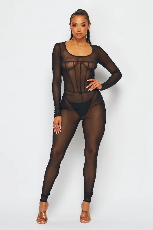 Kitty Sheer Mesh Long Sleeve Jumpsuit All Season Basics Discount