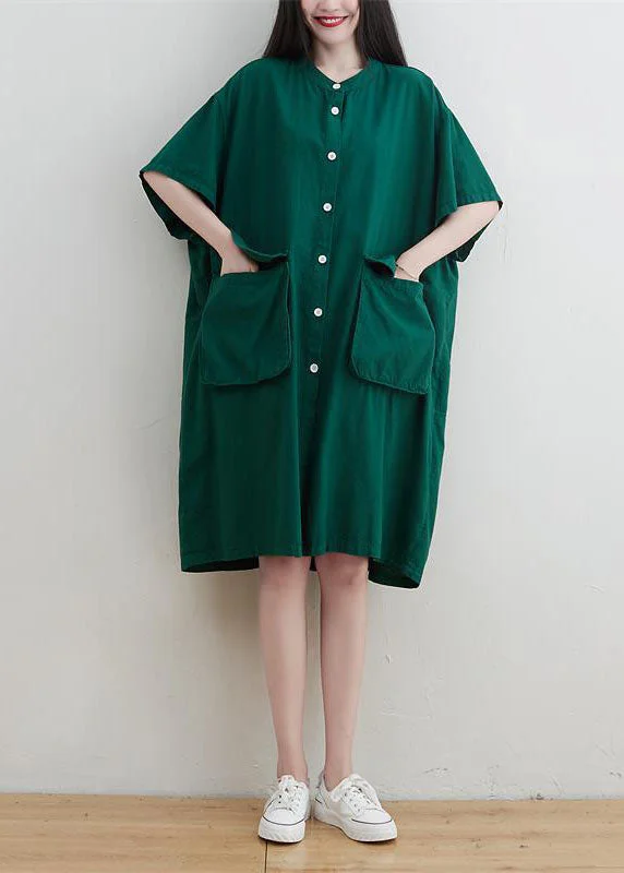 Modern Green Oversized Pockets Linen Maxi Dress Short Sleeve Soft Textures