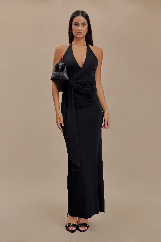 Tyla Draped Slinky Halter Maxi Dress - Black Feminine Charm