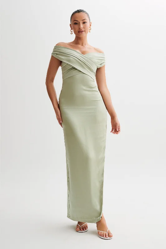 Harley Off Shoulder Satin Maxi Dress - Sage Seasonal Trends