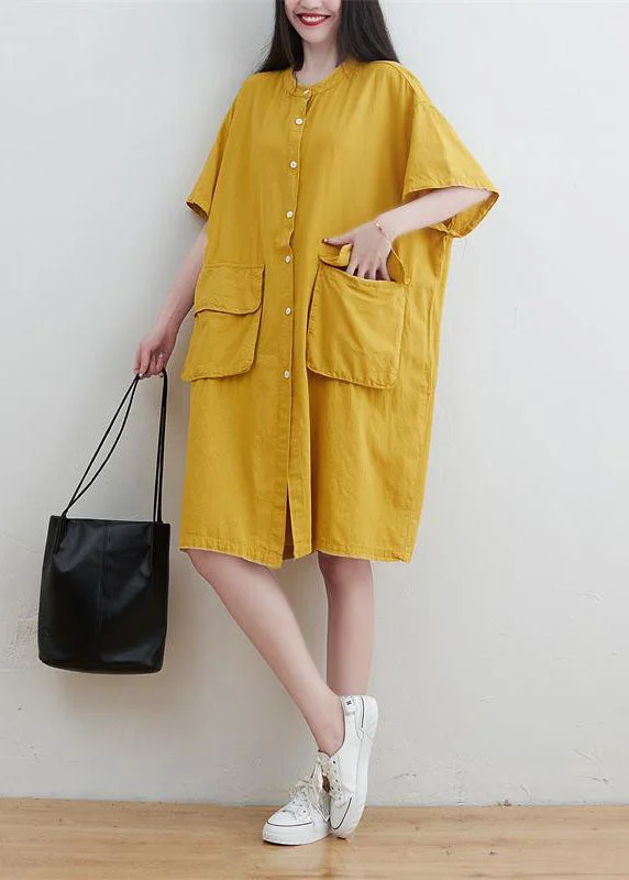 Yellow Linen Maxi Dresses O-Neck Oversized Short Sleeve Luxury Style