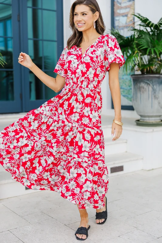 It's In The Air Red Floral Tiered Midi Dress Trend Leading Collection