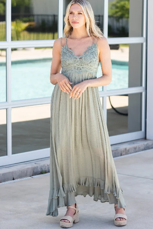 Lock Eyes Olive Green Crochet Maxi Dress Save Big