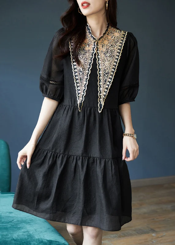 Women Black Patchwork Cotton Mid Dress Puff Sleeve Chic Everyday Wear