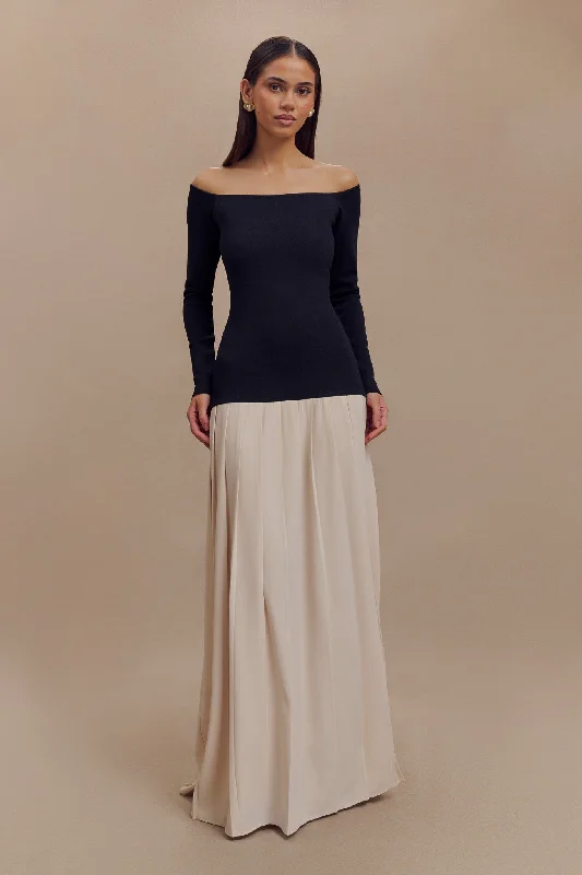 Presley Contrast Knit Off Shoulder Maxi Dress - Navy And Cream Huge Savings On Parisian Styles